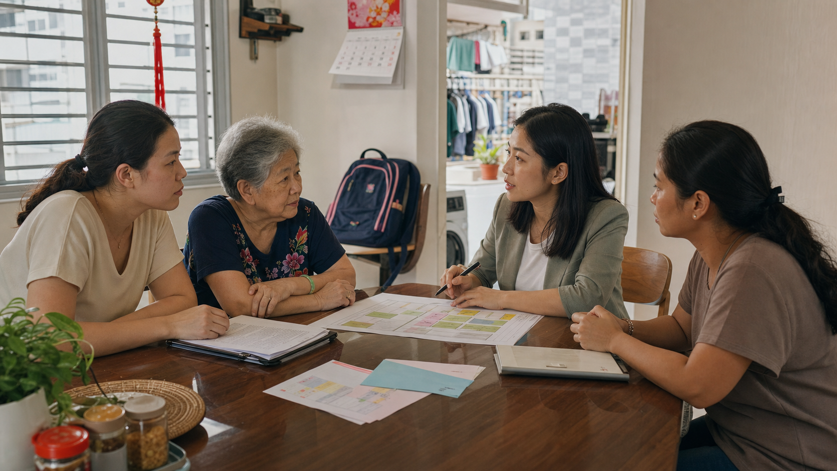 Singapore household expectation-setting conversation with a family, agency consultant and helper candidate